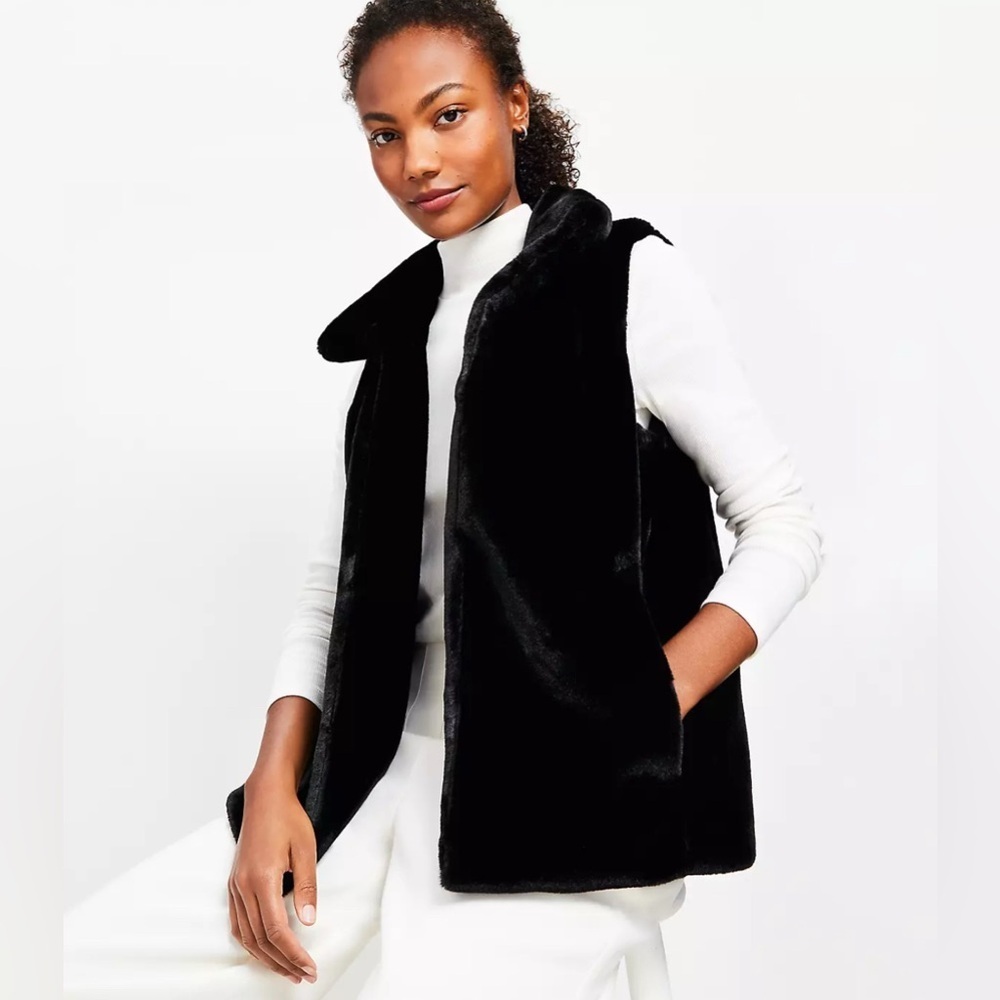 LOFT Luxe Modern Black Faux Fur Vest, Women’s Sz L, Like New